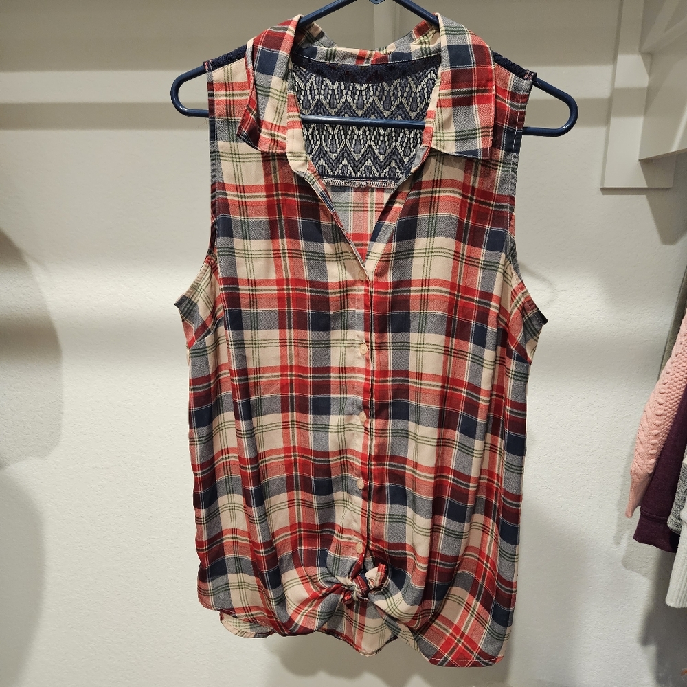 Flanel and Lace Tie Front Tank